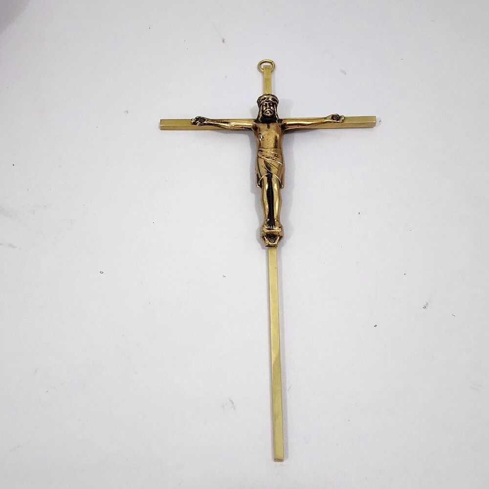 Vtg Mid Century Brass Wall Crucifix 10" Minimalist Catholic Cross Jesus Corpus